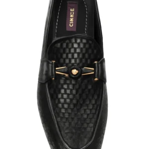 Black Woven Leather Loafers with Lion Emblem Buckle