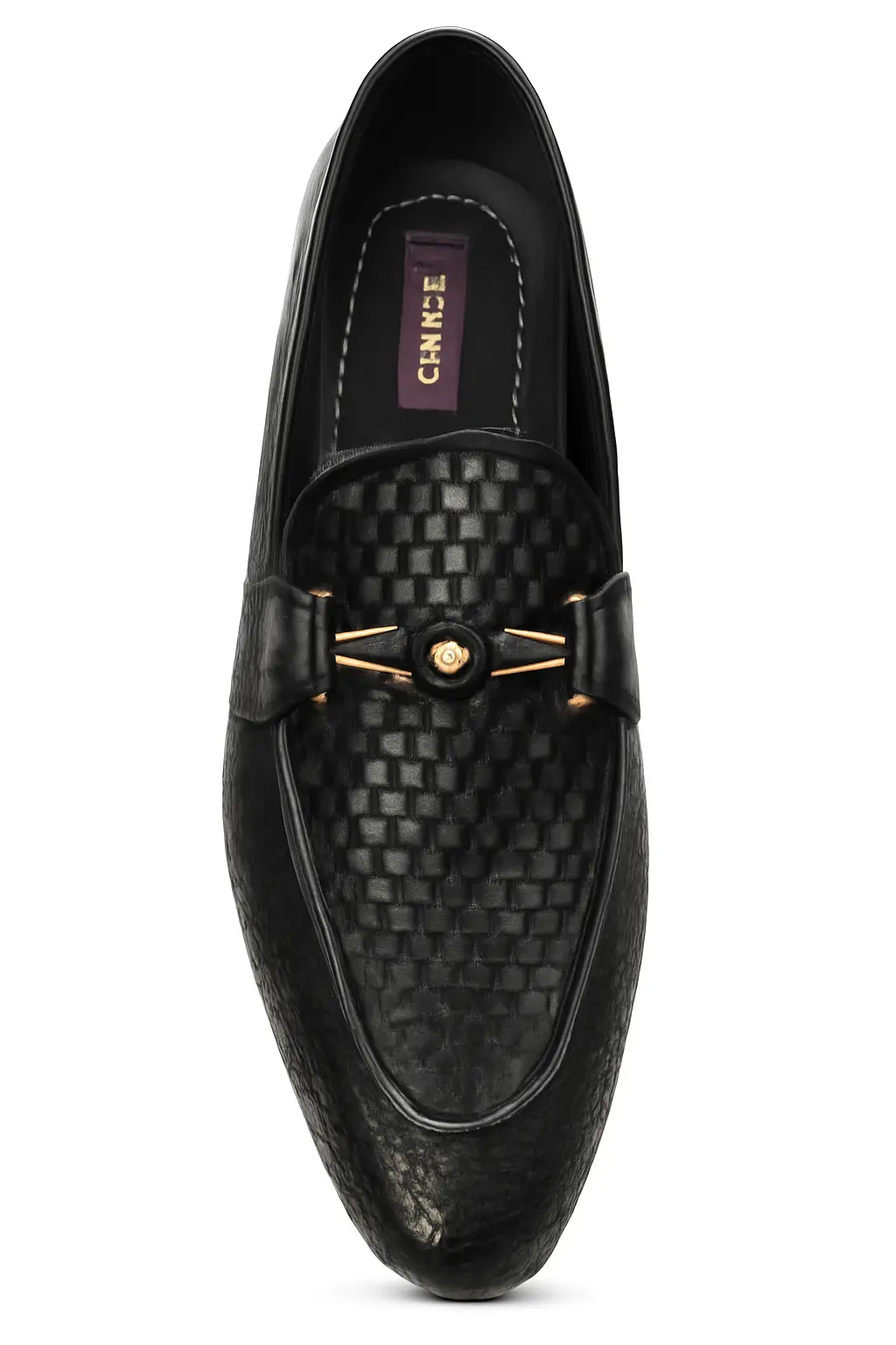 Black Woven Leather Loafers with Lion Emblem Buckle