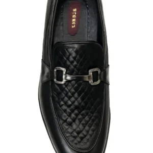 Black Woven Leather Loafers with Silver-tone Buckle