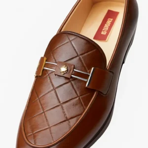 Brown Woven Leather Loafers with Gold-tone Crest Buckle