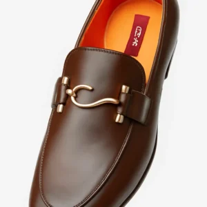 Premium Brown Leather Loafers with Gold-tone Metal Detail