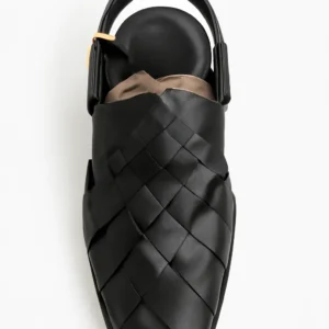 Woven Black Leather Sandals with Stylish Cross-Front Design