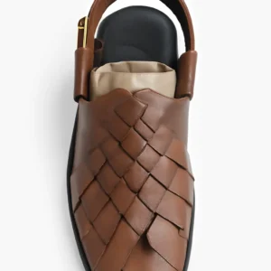Woven Brown Leather Sandals with Cross-Front Design