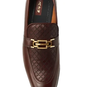 Woven Leather Loafers with Gold-tone Metal Buckle